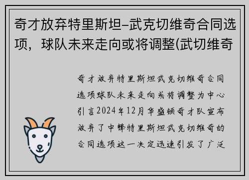 奇才放弃特里斯坦-武克切维奇合同选项,球队未来走向或将调整(武切维奇加盟湖人)
