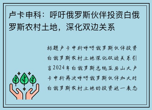 卢卡申科：呼吁俄罗斯伙伴投资白俄罗斯农村土地，深化双边关系
