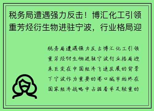 税务局遭遇强力反击！博汇化工引领重芳烃衍生物进驻宁波，行业格局迎来巨变
